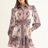 Adelyn Rae | Peyton Long Sleeves Smocked Shirt Mini Dress - Coral Multi