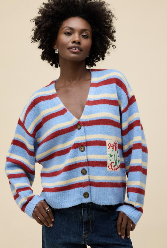 Daydreamer | Stripe V-Neck Slouch Cardigan- Blue/Red Cream