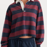 Good American | The Cropped Rugby Polo - Navy Berry Noir Block Stripe