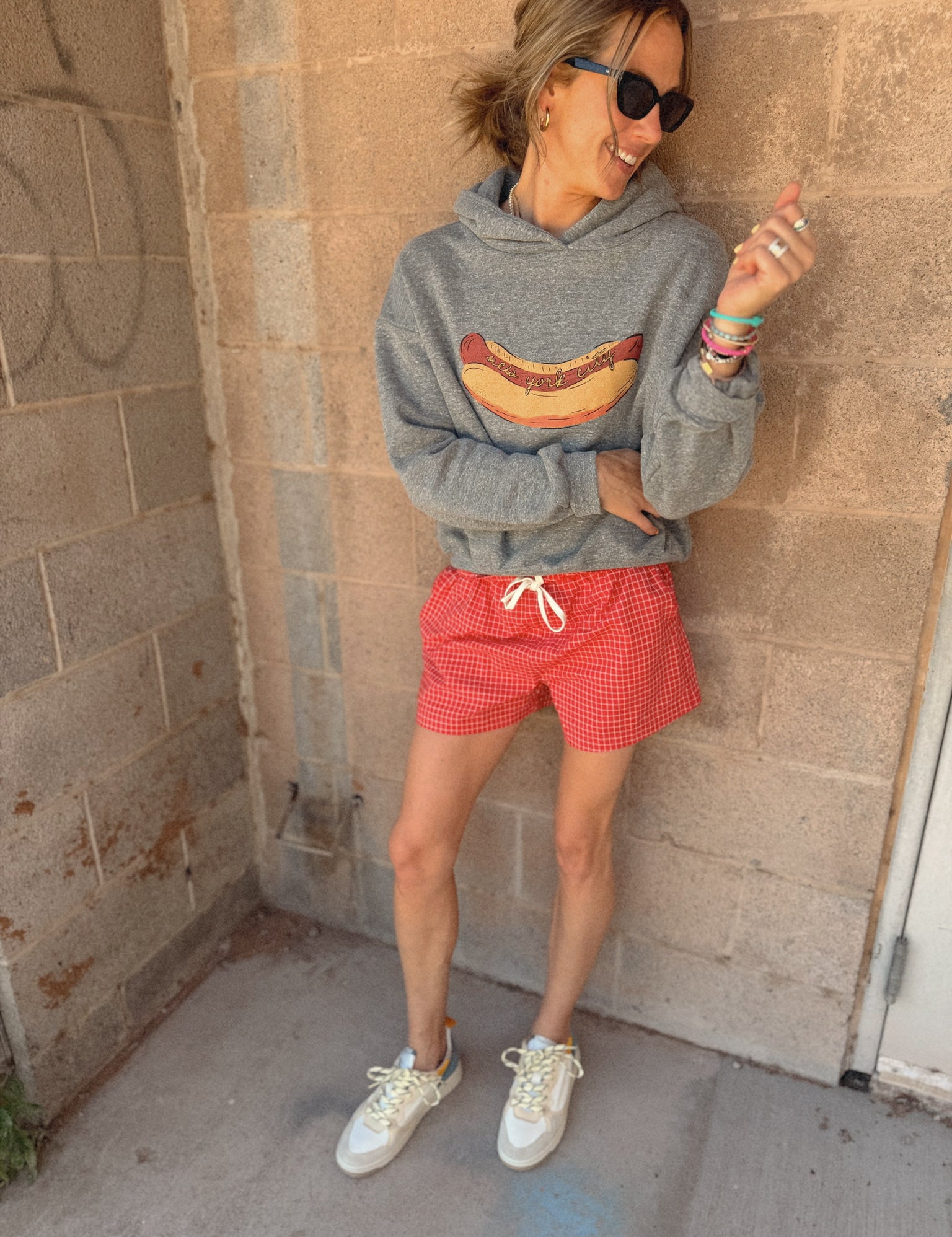 Buttermelon Red Checkered Boxer Shorts styled with a Sunny Somewhere graphic sweatshirt for summer from Shop Estilo.