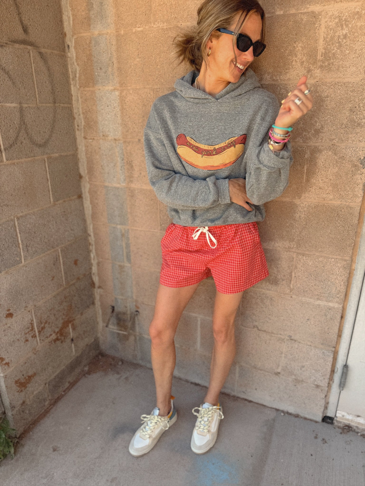 Buttermelon Red Checkered Boxer Shorts styled with a Sunny Somewhere graphic sweatshirt for summer from Shop Estilo.