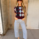 Lucy Paris | Bria Argyle Knit Top- Burgundy Multi