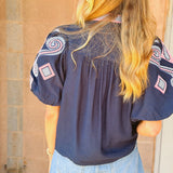 THML | Puff Sleeve Embroidery  - Navy