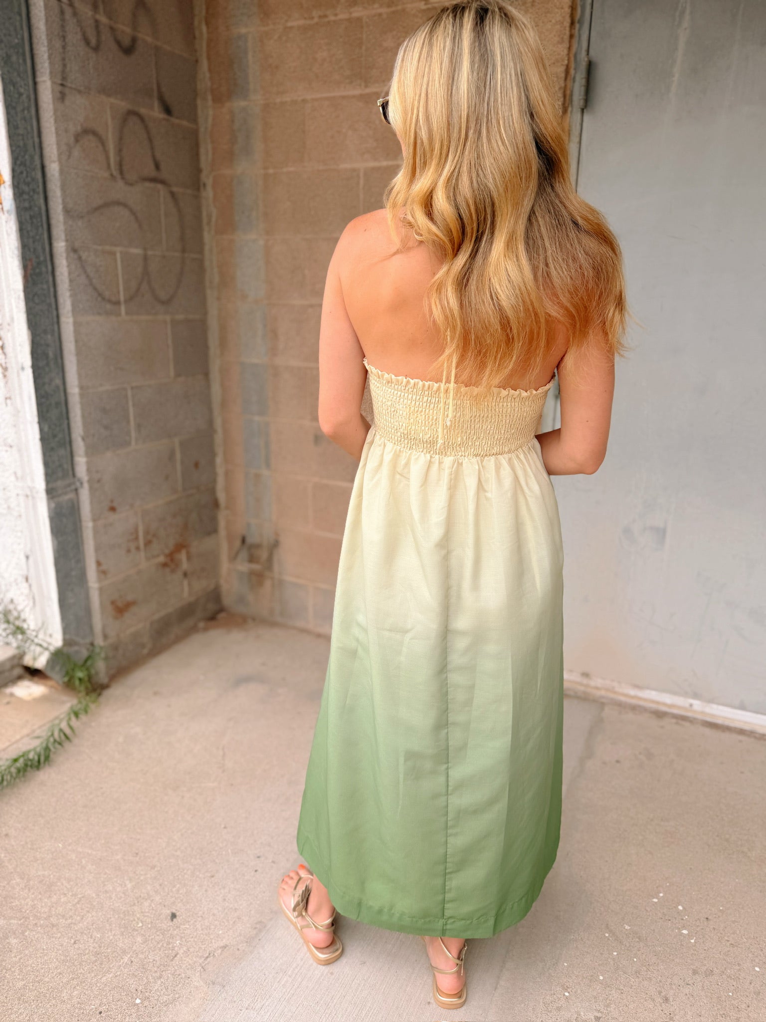 ombre halter maxi dress Pink and Green Ombre Pleated Halter Maxi Dress