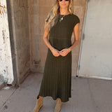 Elan | Ribbed Cap Sleeve A-Line Dress - Olive
