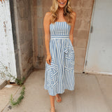Adelyn Rae | Emilia Y/D Striped 3D Floral Midi Dress - Blue/White