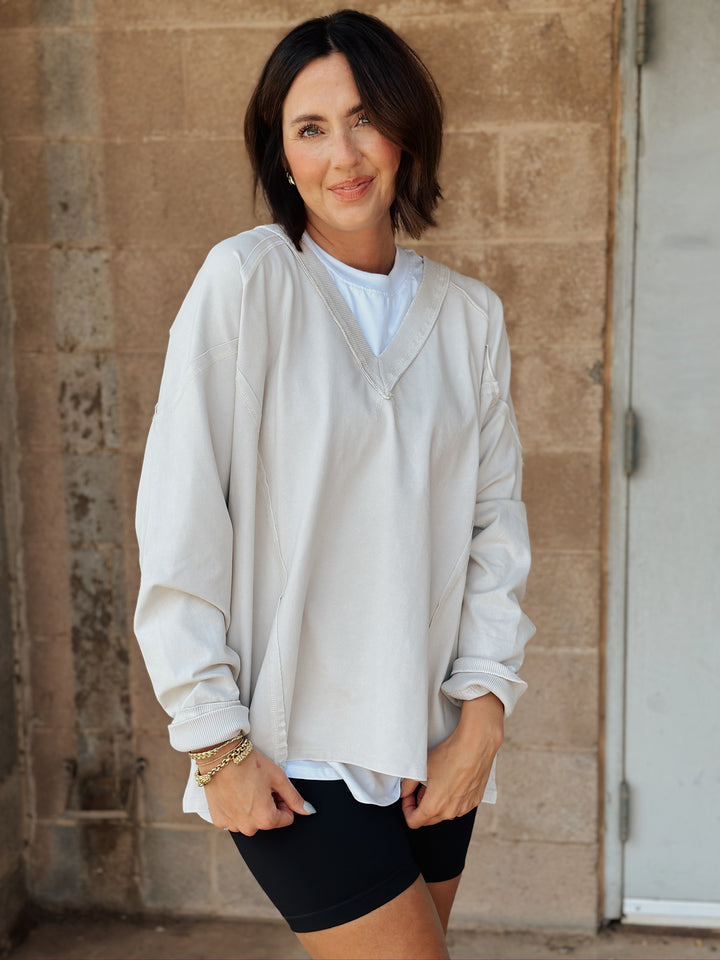 Rib V-Neck Long Sleeve Top - Butter