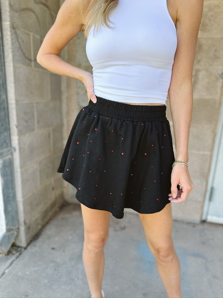 Terry Rhinestone Skirt - Black/Red