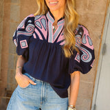 THML | Puff Sleeve Embroidery  - Navy