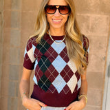 Lucy Paris | Bria Argyle Knit Top- Burgundy Multi