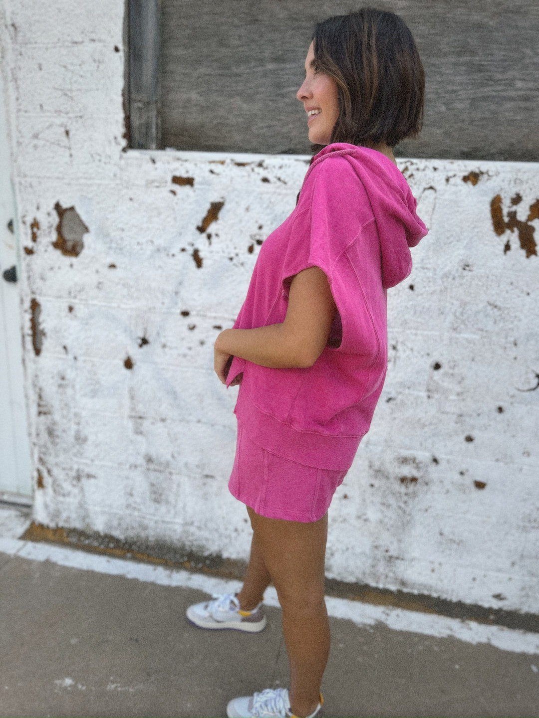 Half Zip Up Sleeveless Hoodie | Fuchsia