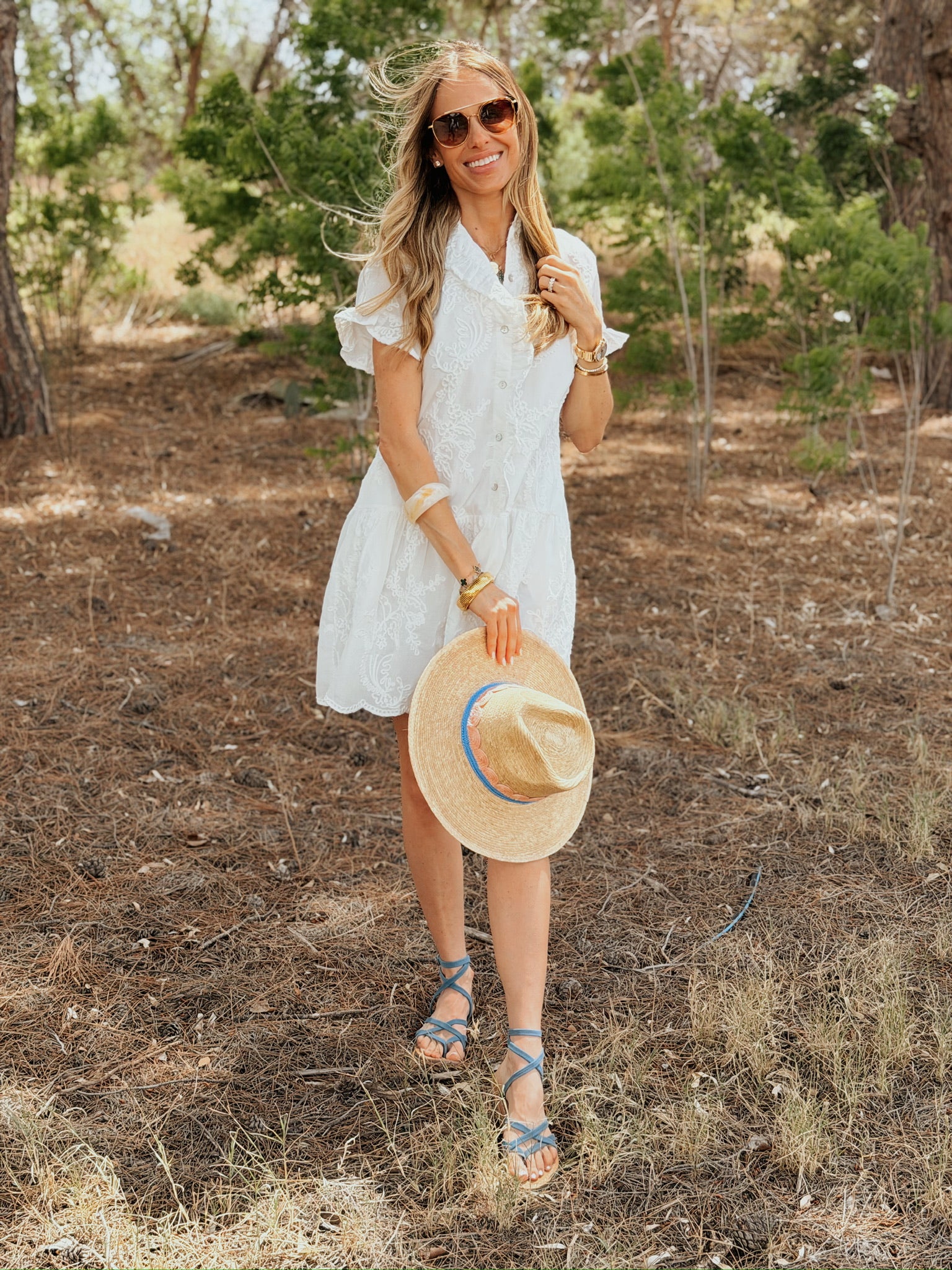 J. Marie | The Bailee Button Up Dress - White Ruffle Embroidery