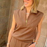 Elan | Sleeveless Quarterzip Top - Light Brown