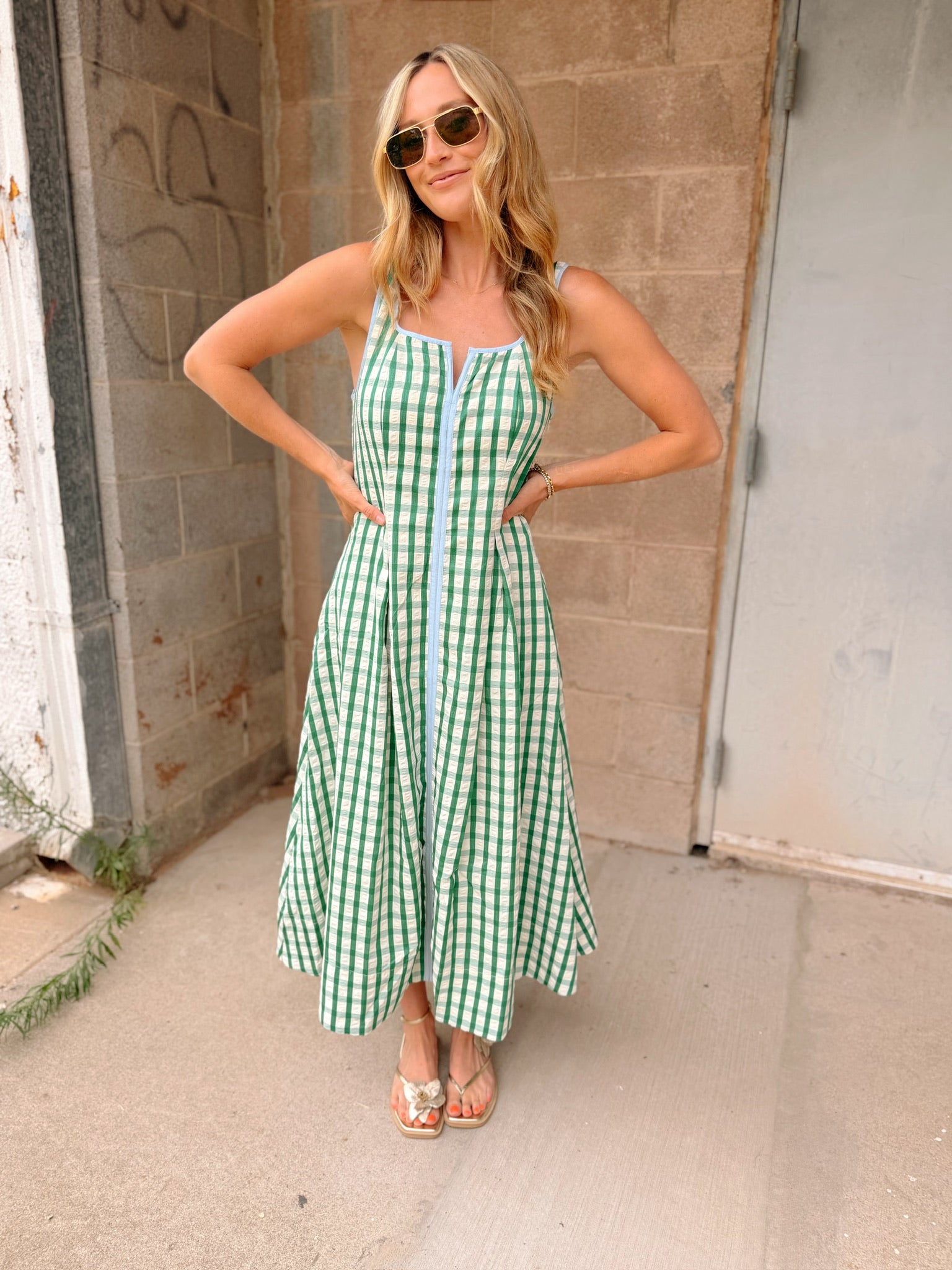 THML | Thin Strap Gingham Pattern Dress - Green