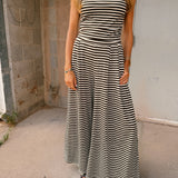 By Together | Fine Line Knit Wide Leg Pant - Cream/Brown