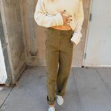 Perfect White Tee | Akira Sateen Slub Barrel Leg Utility Pant - Dark Olive