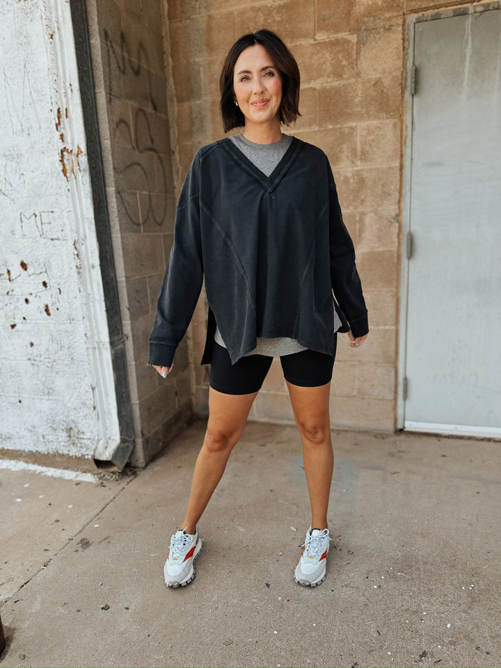 Rib V-Neck Long Sleeve Top - Charcoal