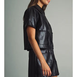 Miou Muse | Short Sleeve Zipper Faux Leather Jacket - Black