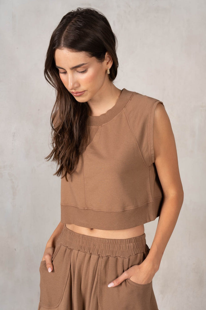 Crew Neck Cropped Muscle Tank - Mocha