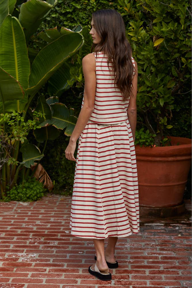 By Together | Knit Cotton Striped Round Neck Sleeveless Top - Cream Red