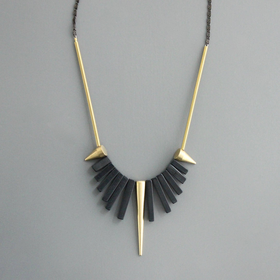 Geometric Black Agate and Brass Spike Necklace