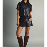 Miou Muse | Short Sleeve Zipper Faux Leather Jacket - Black