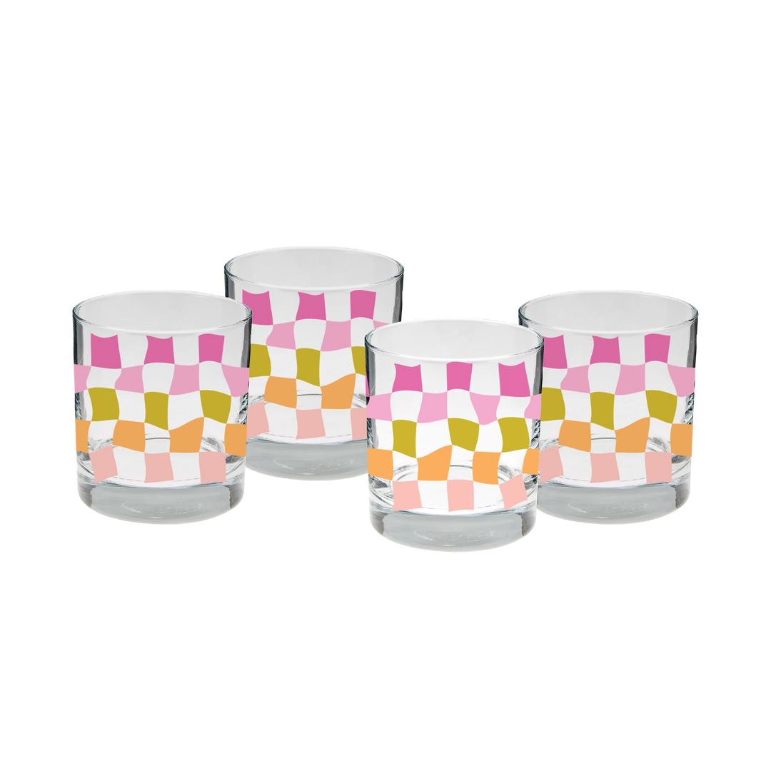 Pink Carnival Checkers Rocks Glass Set