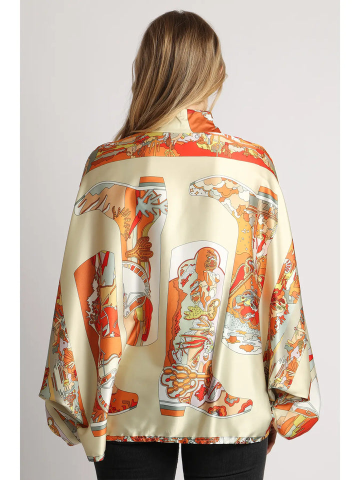 Beulah | Modern Abstract Satin Blouse - Orange