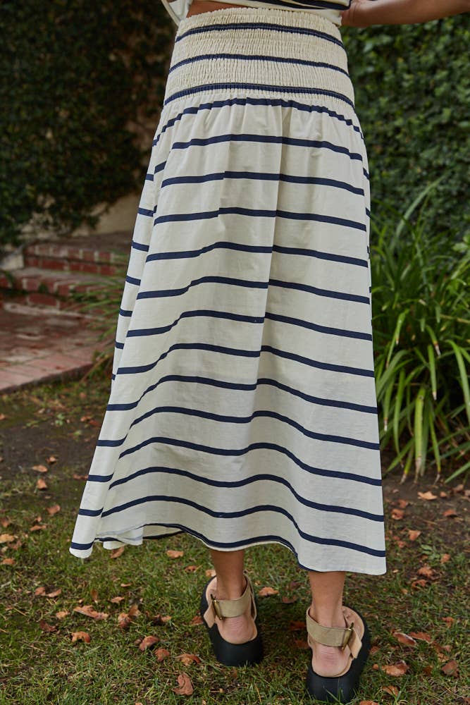 By Together | Woven Cotton Striped Flare Midi Skirt - Cream Navy