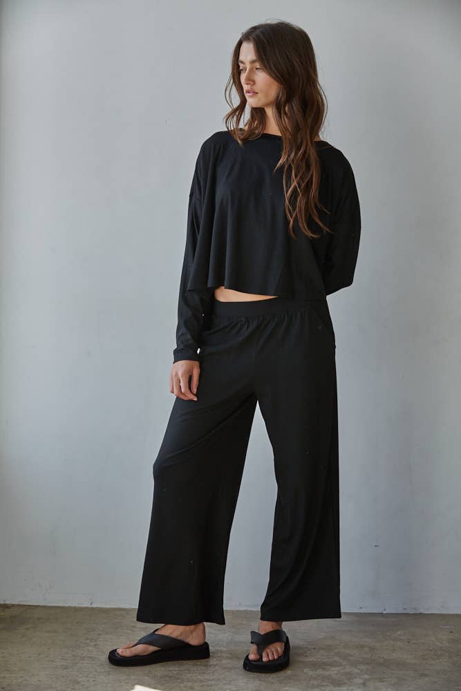 By Together | Knit Viscose Spandex Round Neck Long Sleeve Top - Black