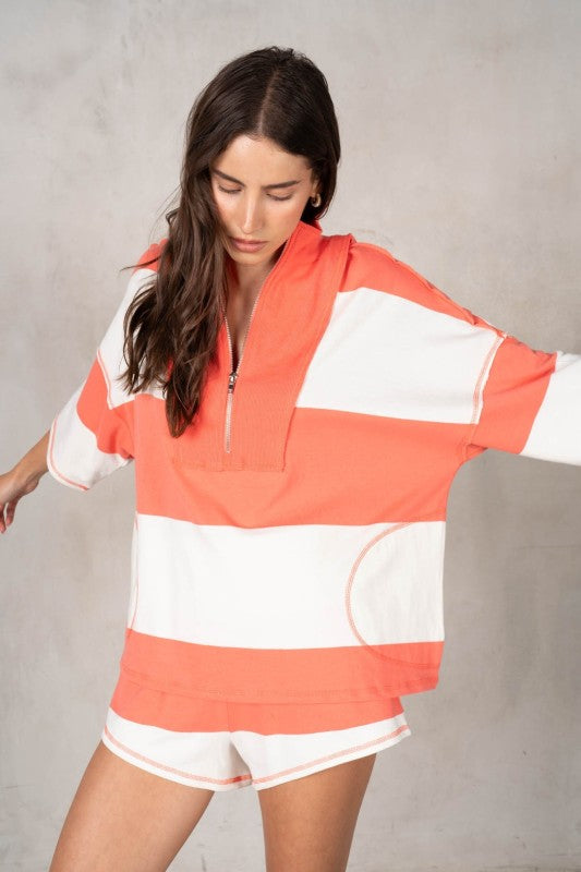 Retro Rugby Striped Set- Coral