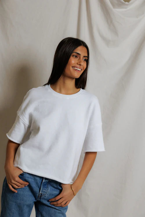 Perfect White Tee | Ezra French Terry Short Sleeve Sweatshirt - White