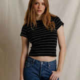 Perfect White Tee | Lisa Stripe Cotton Short Sleeve Vintage Crew - Black/Natural White Stripe