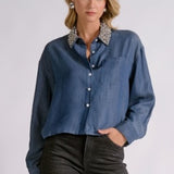 Elan | Rhinestone Collared Button Down - Denim